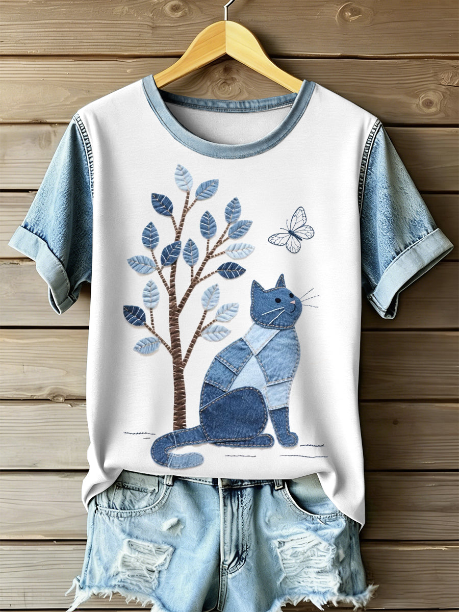 Vigga Marie | T-shirt med patchwork og kattemotiv og kunstprint