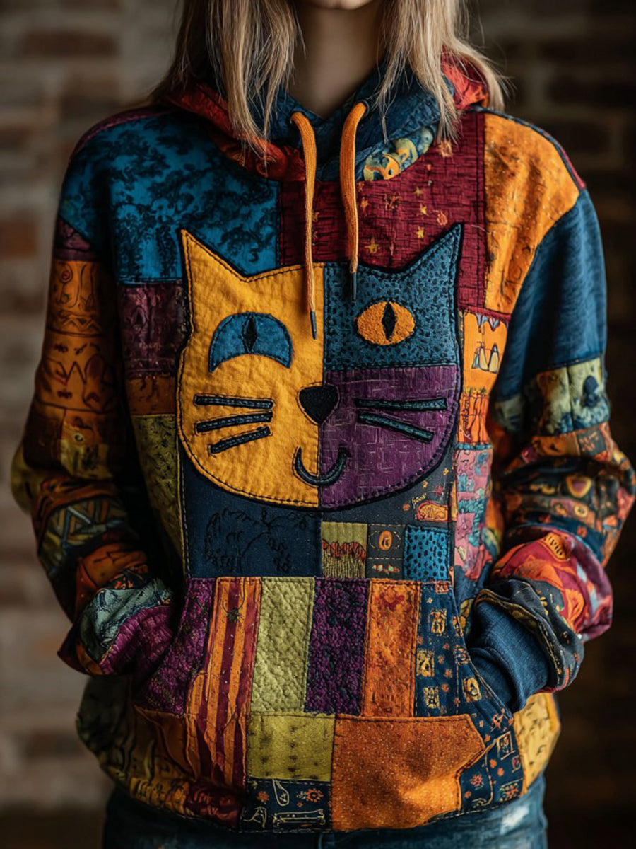 Asta Marie | Hættetrøje med patchwork og kattemotiv og kunstprint