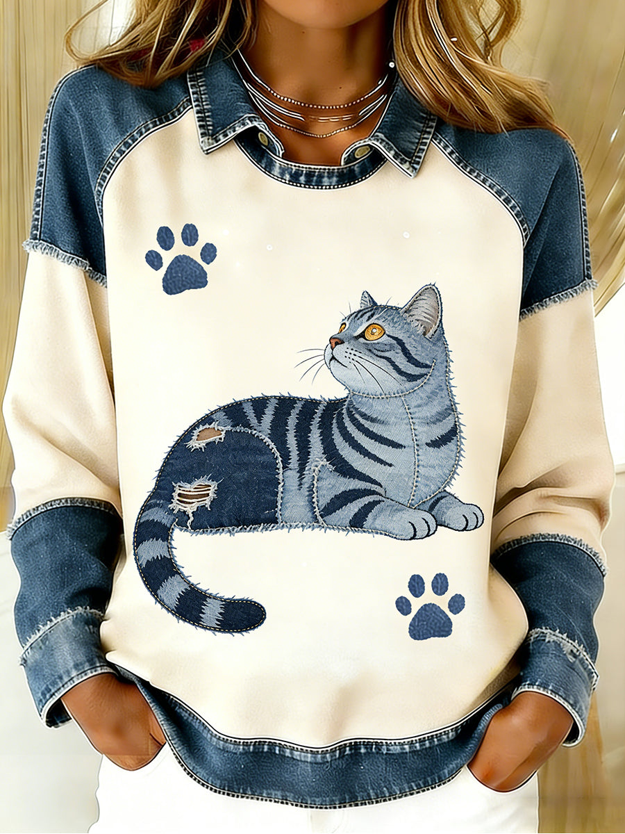 Majken | Top med denim patchwork og dyreprint og kunstprint