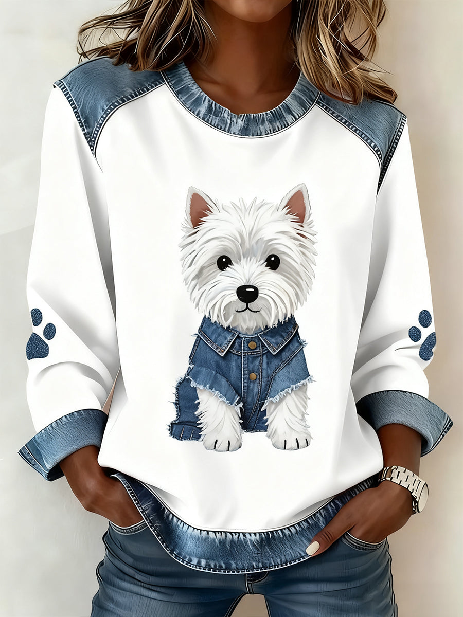 Anine Marie | Top med denim patchwork og dyreprint og kunstprint