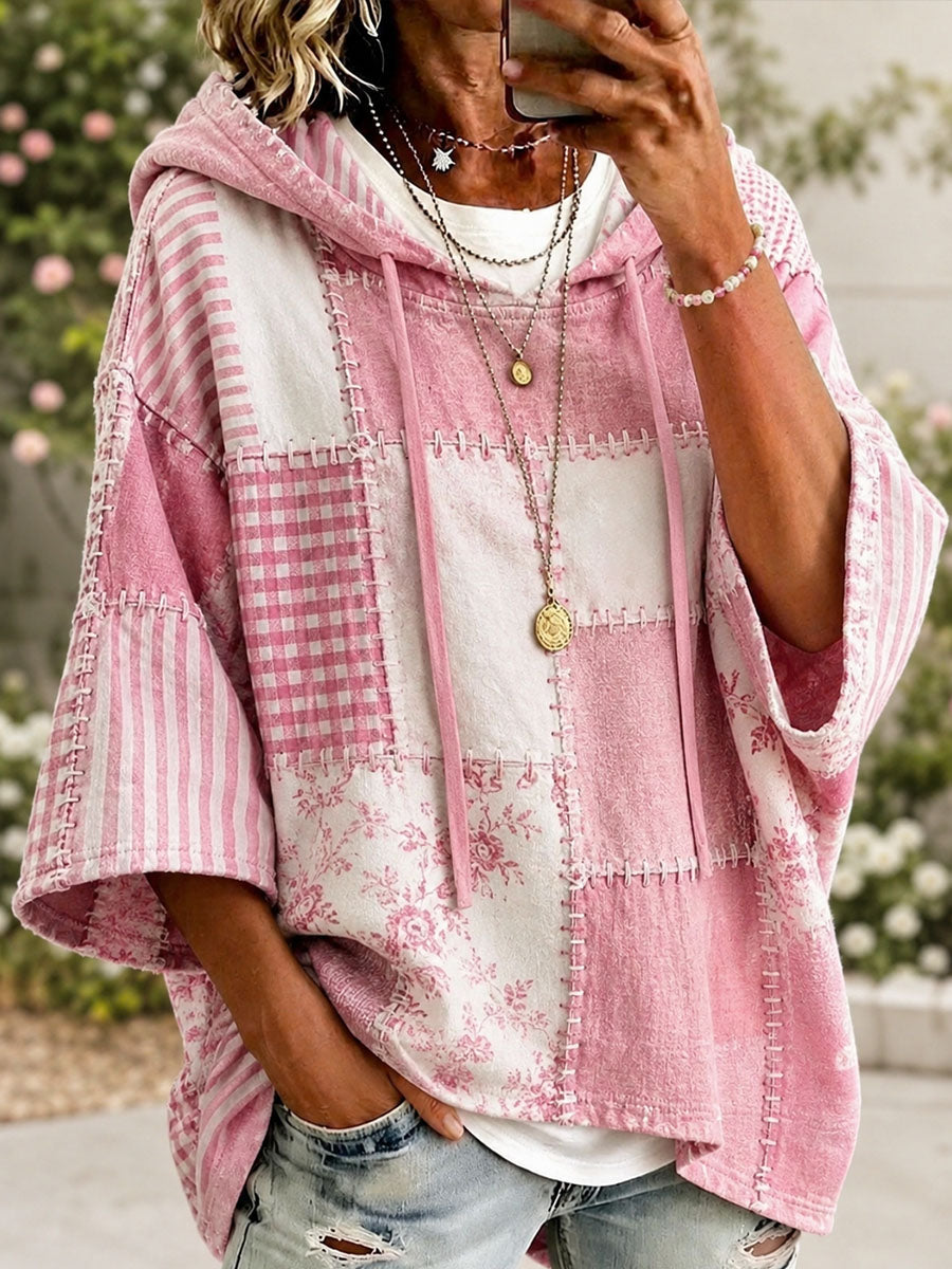 Mille | Rosa patchwork-hoodie med kunstprint