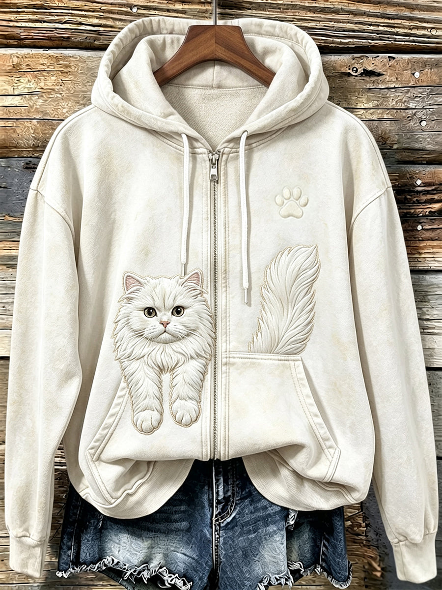 Hanne | Hættetrøje med lynlås med kat med poteprint og vintage-look