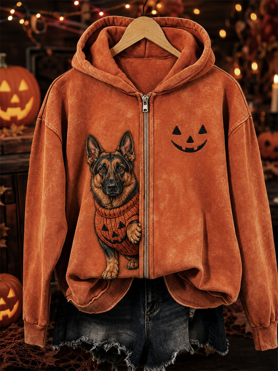 Klara | Hættetrøje med lynlås med schæferhund med print og halloweentema
