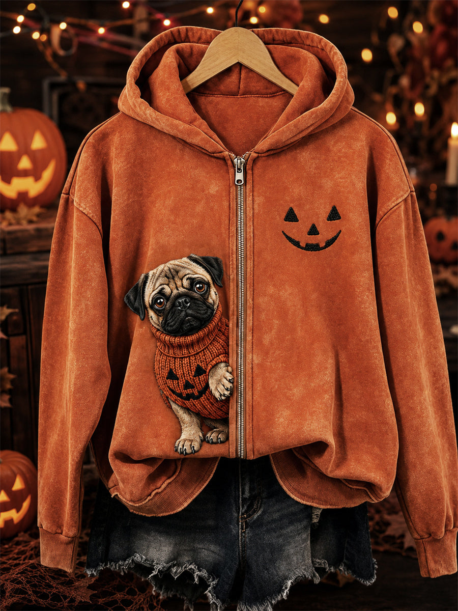 Liva | Hættetrøje med lynlås med hund med print og halloweentema
