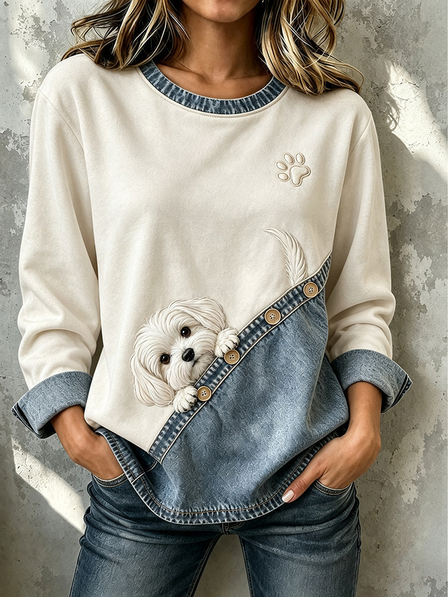 Liv | Sweatshirt med malteserhund med poteprint, vintage-look og knapdetalje
