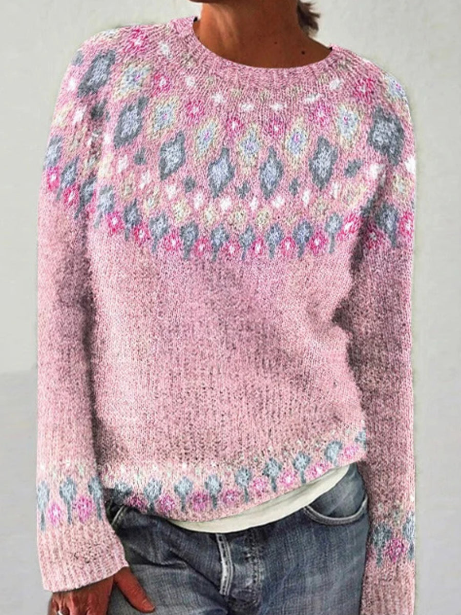 Klara | Striktrøje med rund hals og pullover-pasform med islandsk mønster med jacquardmønster