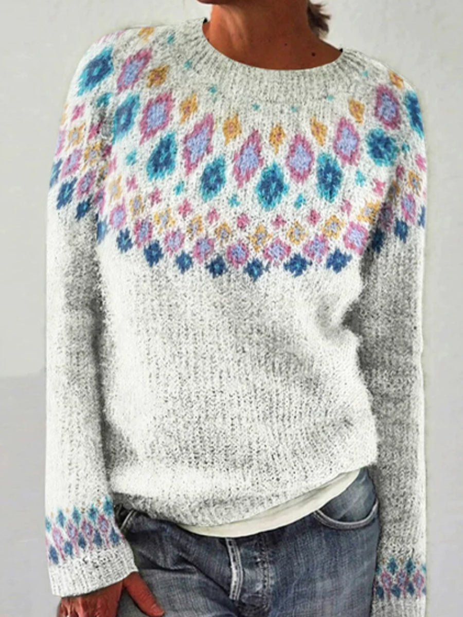 Klara | Striktrøje med rund hals og pullover-pasform med islandsk mønster med jacquardmønster