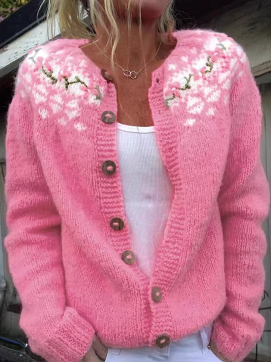 Luna | Rosa cardigan med knapper og rund hals med islandsk mønster med kraftig strik
