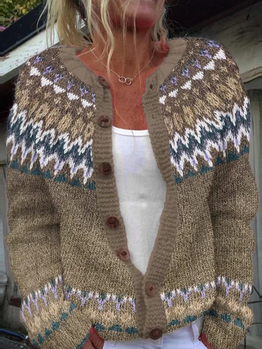 Emilie | Grøn-blå-khaki cardigan med knapper og rund hals med islandsk mønster med kraftig strik