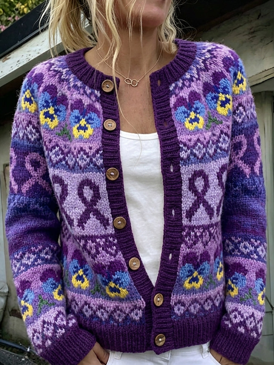 Ingrid | Vintage cardigan med stedmoderblomster og lilla bånd