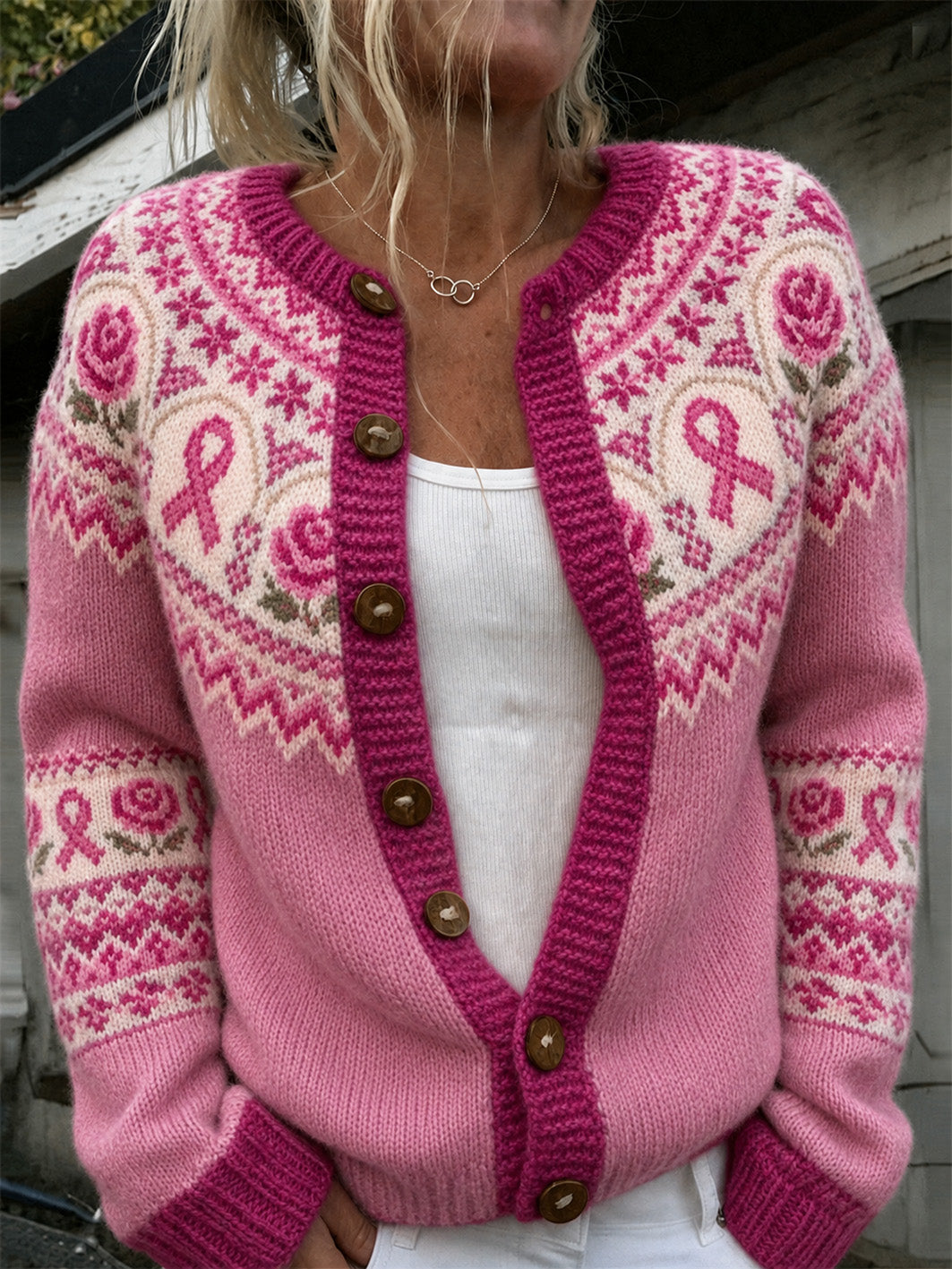 Nora | Cardigan med blomster og lyserød sløjfe