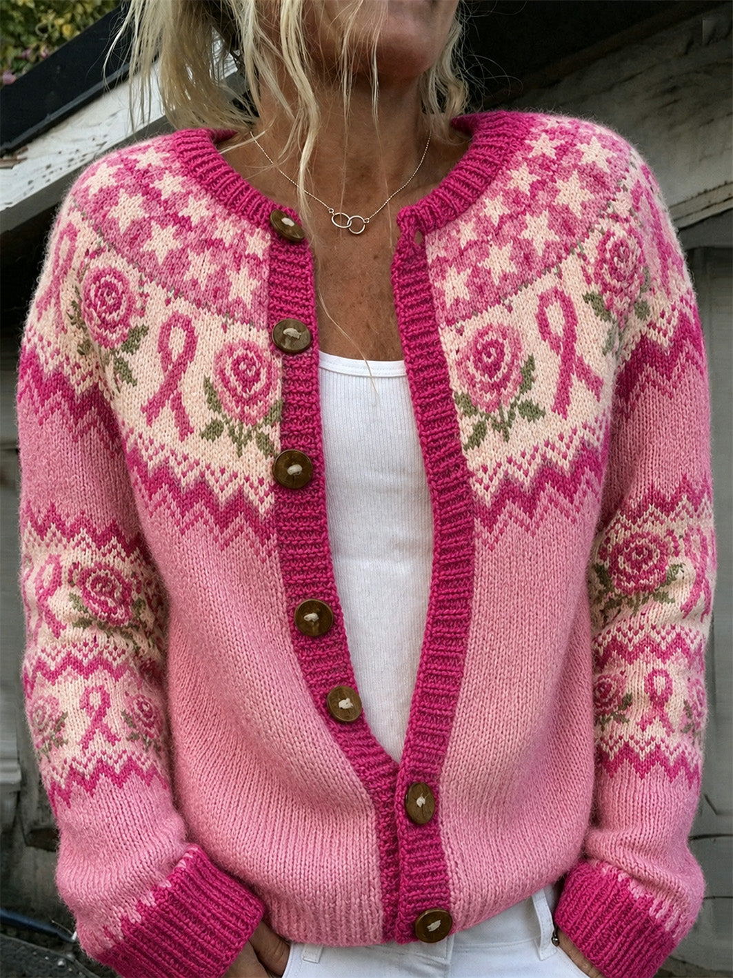 Alberte | Cardigan med blomster og lyserød sløjfe