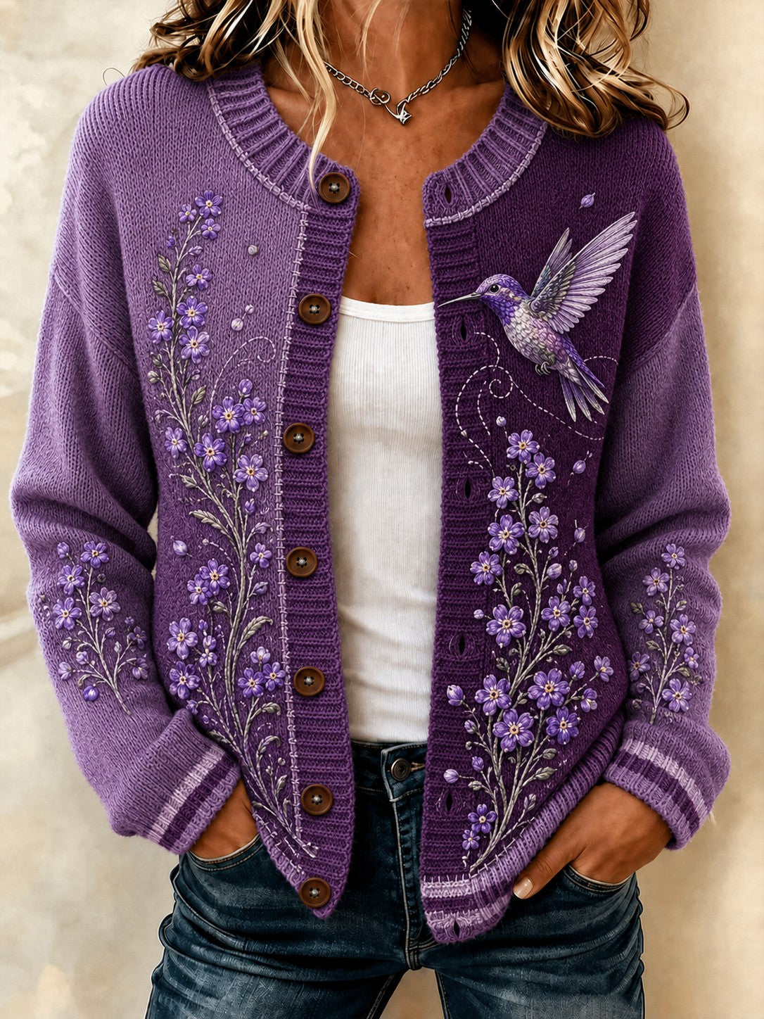 Mathilde | Cardigan med lilla blomster og vintageprint