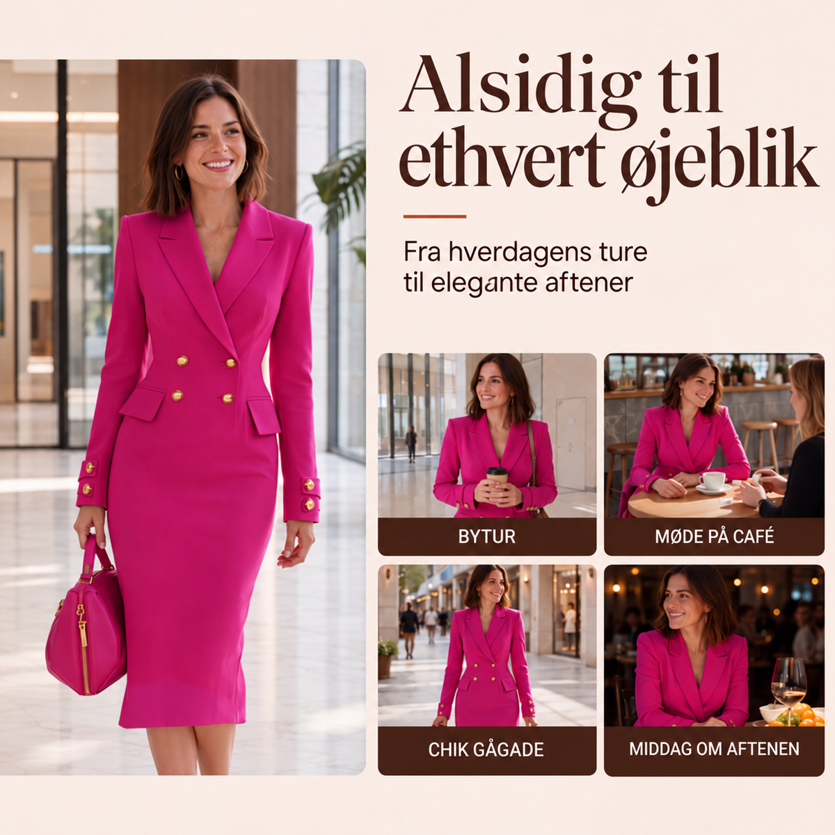 Dobbeltradet blazer-kjole til kvinder – dansk produktgrafik