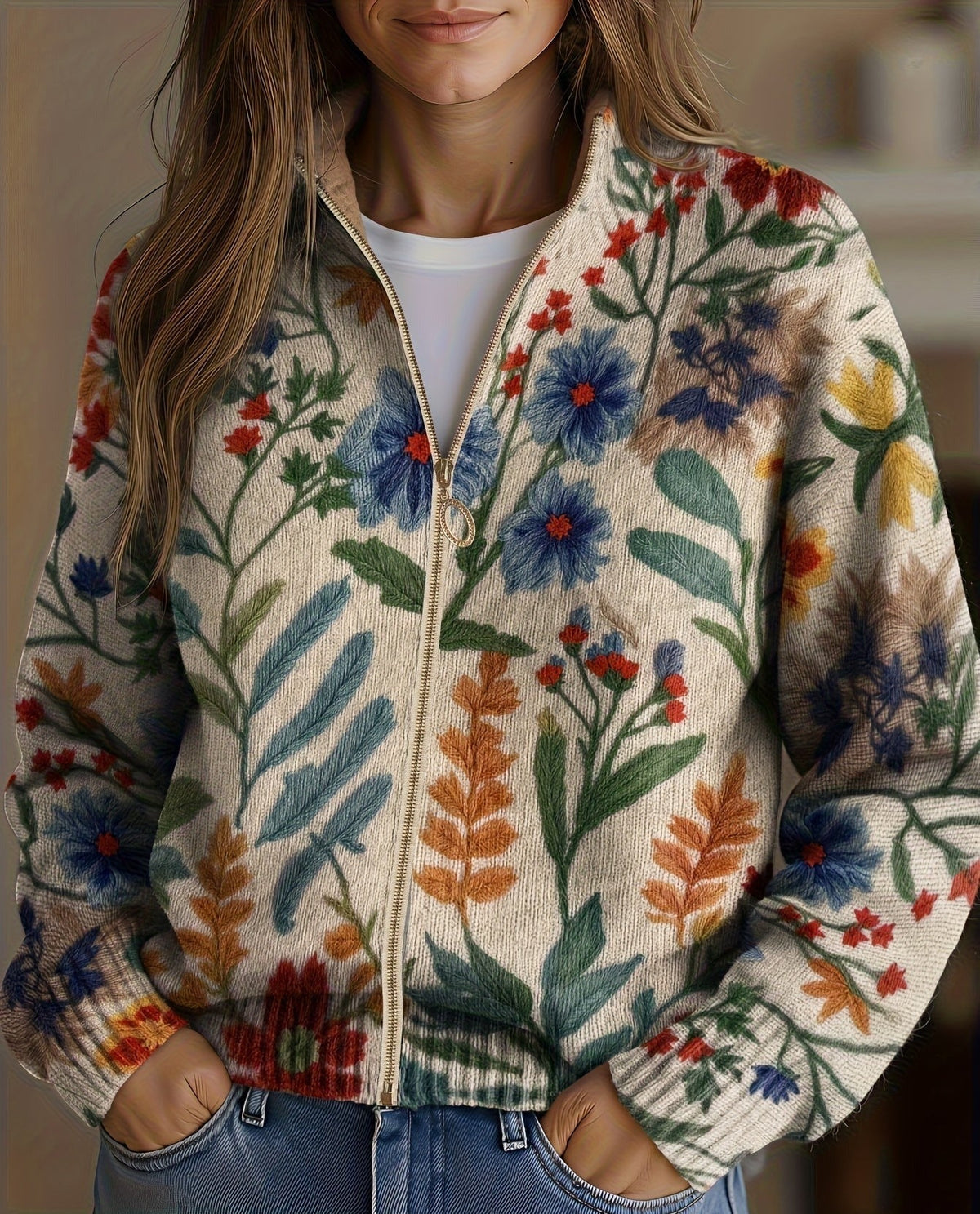 Clementine | Lynlås-cardigan med botanisk haveprint