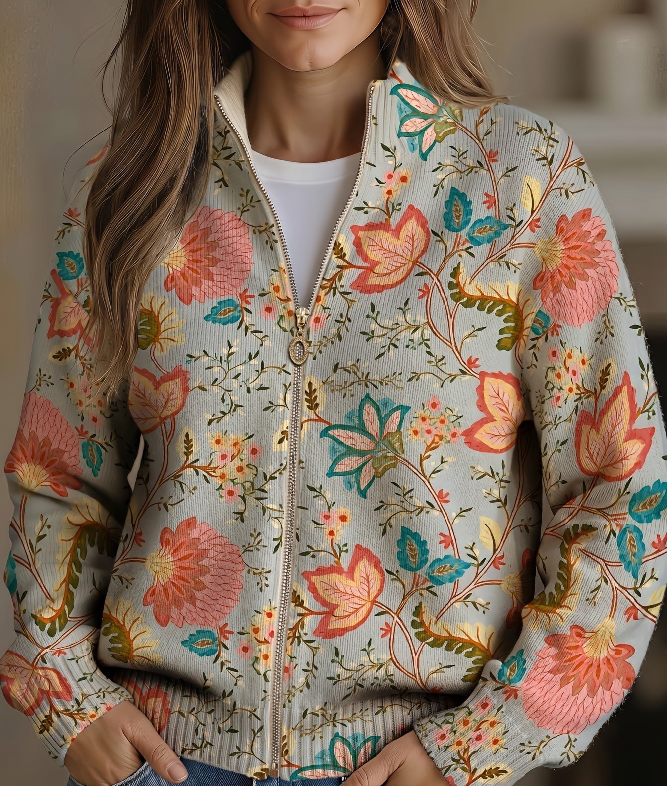 Cordelia | Vintage lynlås-cardigan med blomsterprint